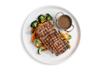 Chargrilled Grass Fed Rump With Peppercorn Sauce, seasonal vegetables- 350 g