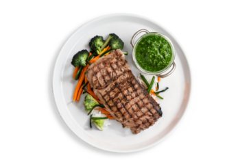 Chargrilled Grass Fed Rump With Special Greek Sauce And Lemon Wedge, basmati & seasonal vegetables- 450 g