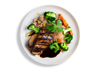 Sous Vide Barramundi Fillet With Special Honey Soy And Lemon Wedge, brown rice and seasonal vegetables- 350 g