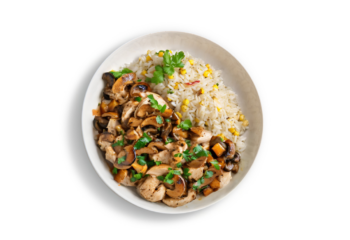 Oven Roasted Chicken With Mushroom Sauce, basmati rice & seasonal vegetables- 350 g