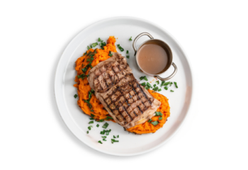 Chargrilled Grass Fed Rump With Bbq Honey, Soy Sauce, sweet potato mash- 350 g